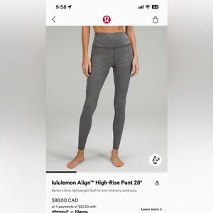 Lululemon aligns in heathered graphite grey. 28” length. Brand new without tags
